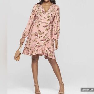 Xhilaration Pink Floral V Neck Faux Wrap Dress Size X Small